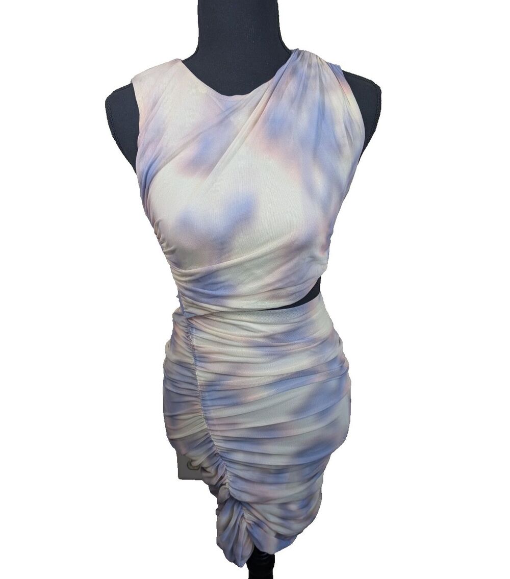 Zara Dress Mini Bodycon Ruched Mesh Tie Dye Party Cut Out Size XS